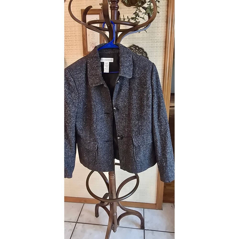 Sag Harbor Womens Herringbone Button Front Jacket Gray Black White Size 14